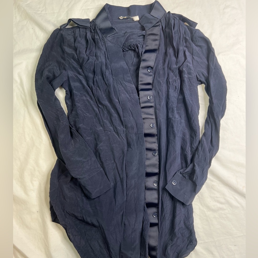 Silk Navy Pocket Blouse Shirt Womens Size 2 Button Up Long Sleeve A021024